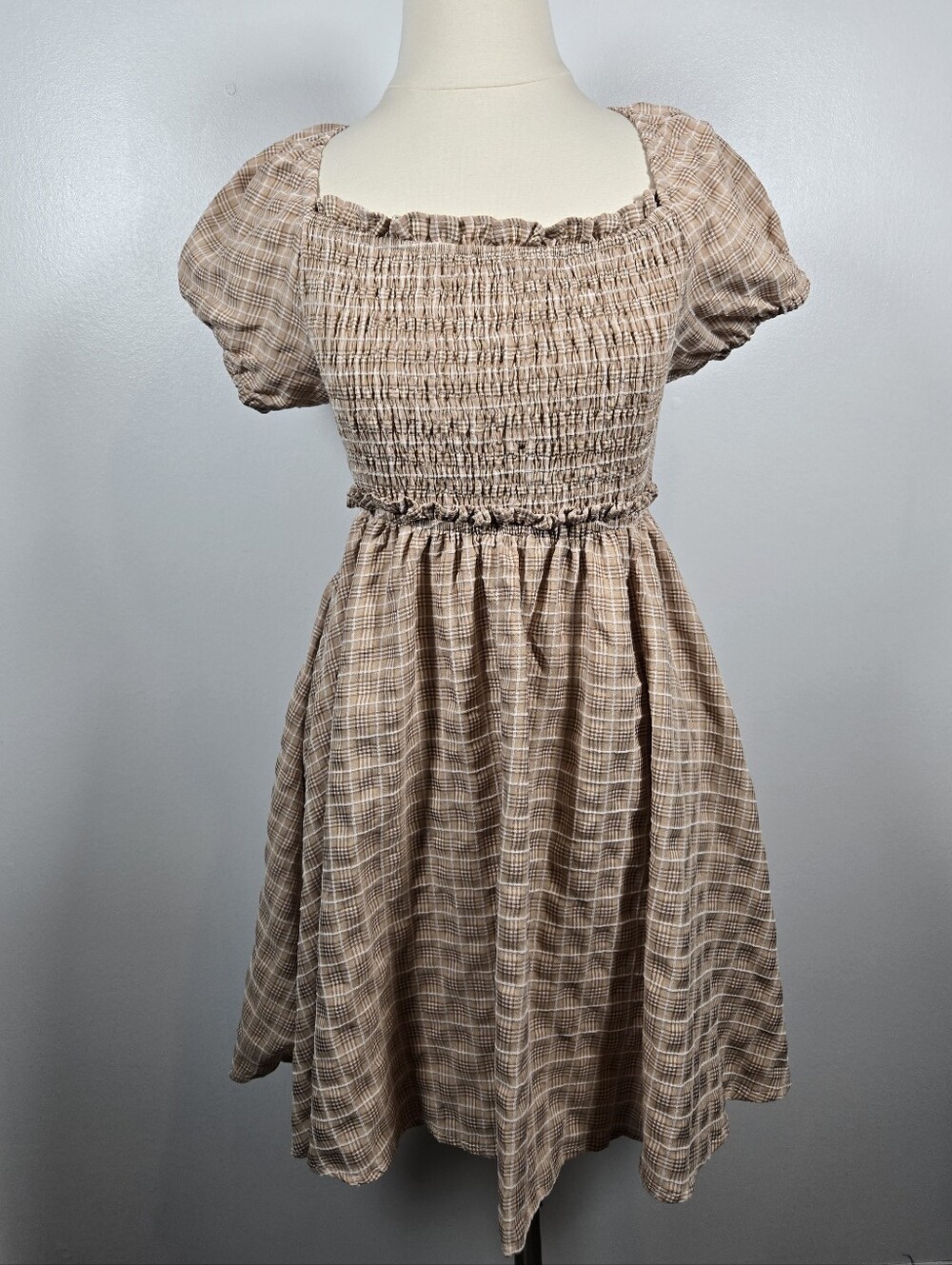 Mable Tan Plaid Lace Up Smocked Babydoll Cottagecore Coquette Dress Size Medium